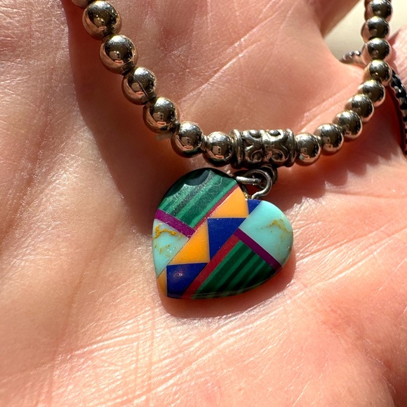 bracelet vintage heart inlay Southwestern Zuni or Navajo stretch silver beads - Picture 1 of 8